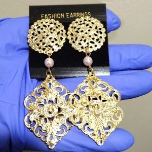 Women's Stylish Gold-tone Filigree Design 3" Long Beaded Drop Dangle Earrings #2